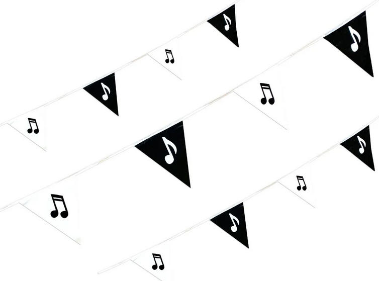 Tira de banderines impresos con notas musicales en plástico polietileno, ideal para conciertos, fiestas, festivales y eventos. Resistente y apto para exteriores. Tira de banderines impresos con notas musicales en plástico polietileno, ideal para conciertos, fiestas, festivales y eventos. Resistente y apto para exteriores.